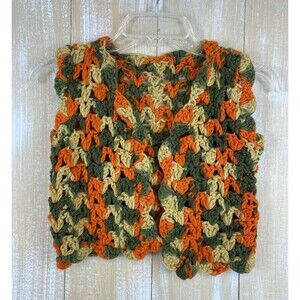 Vintage ‘70’s Child’s Handmade Crocheted Open Vest Orange Yellow Avocado Green